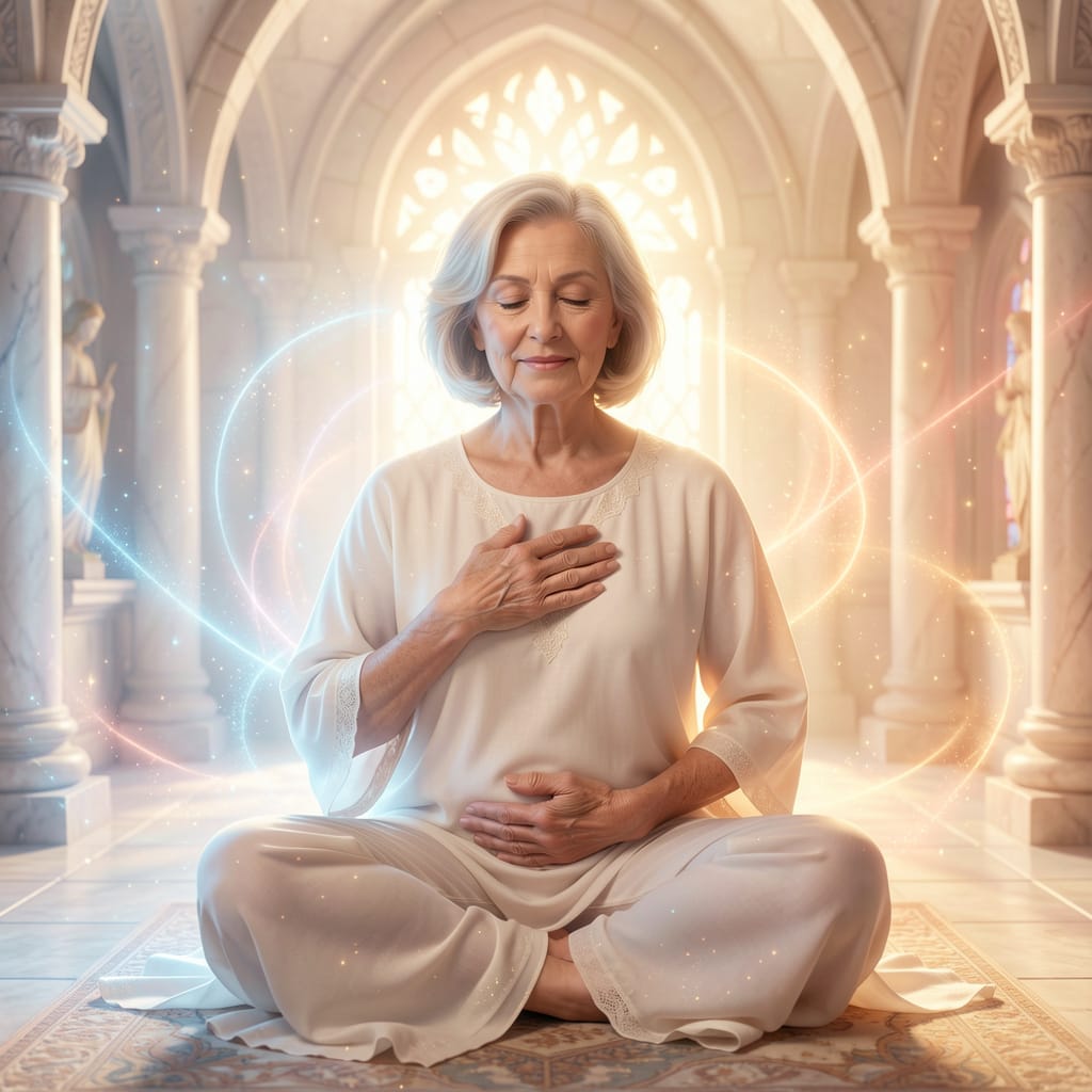 Frau über 50 in stiller Verbindung mit sich selbst im sanften Licht.