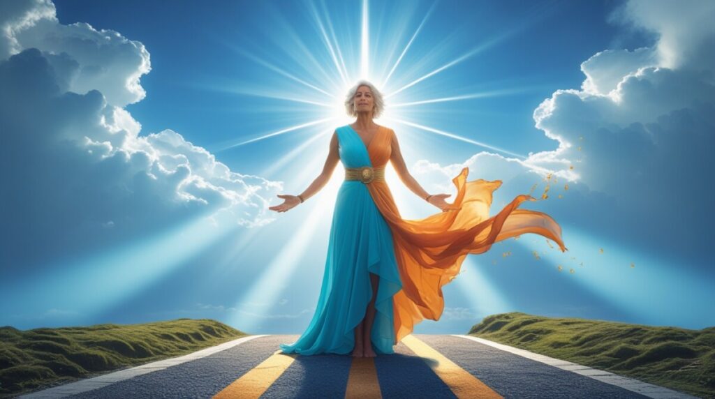 Frau über 50 im Übergang von Schwere zu Leichtigkeit und neuem Lebensgefühl.