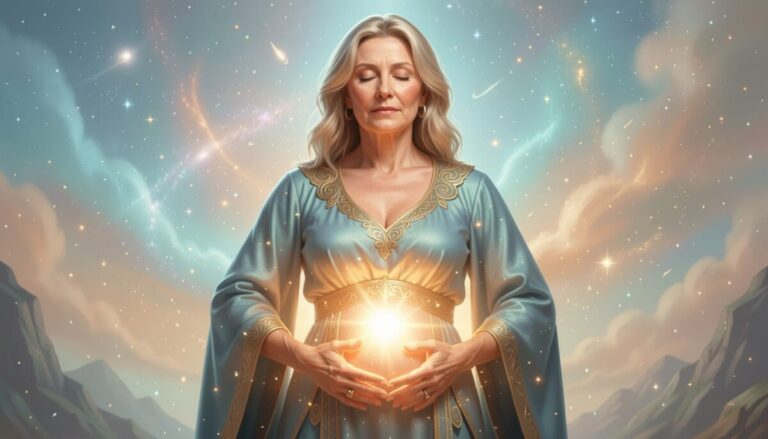 Reife Frau in Licht verbunden mit Körper, Seele und innerer Wahrheit.