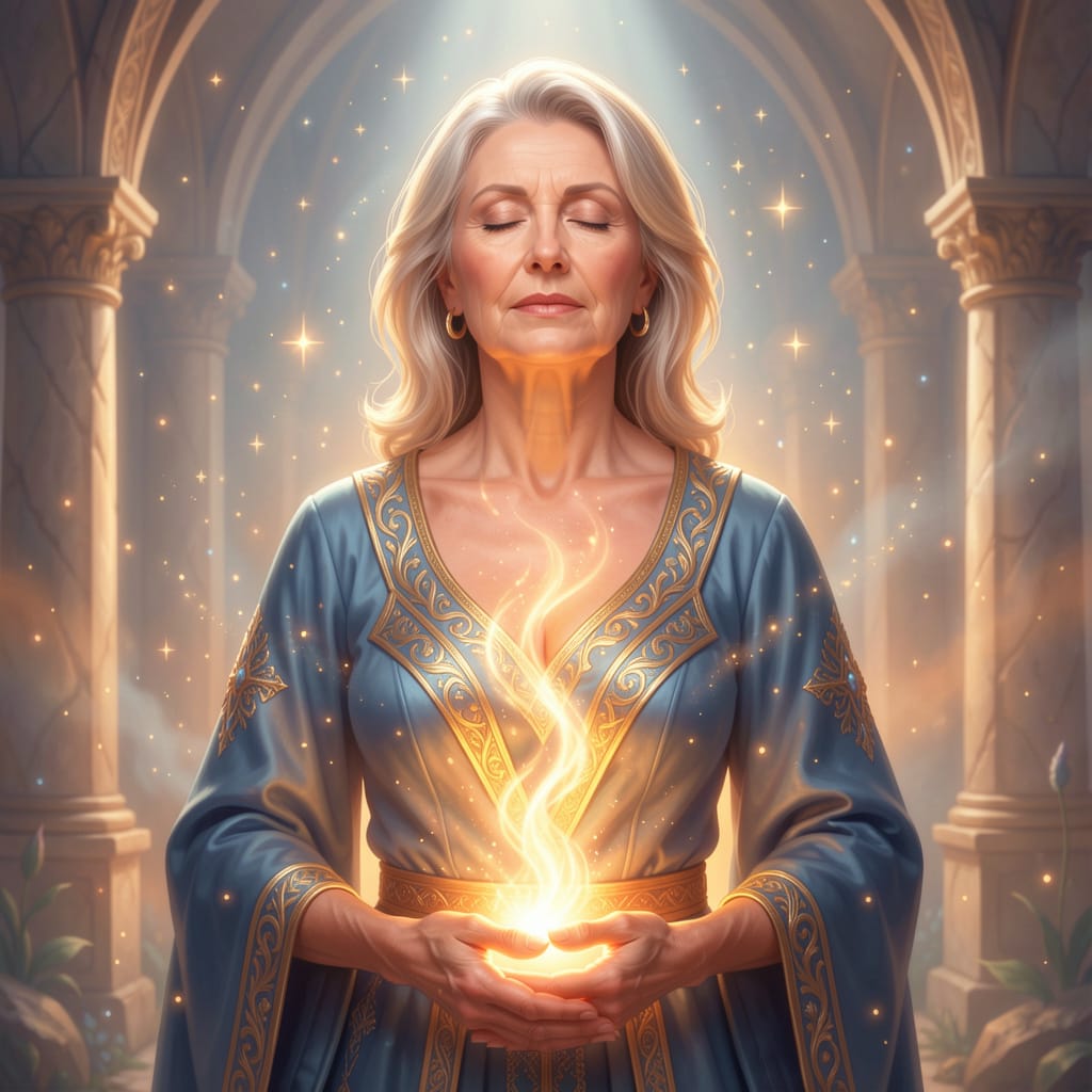 Reife Frau im Übergang vom alten Selbst zu mehr Klarheit und Authentizität.