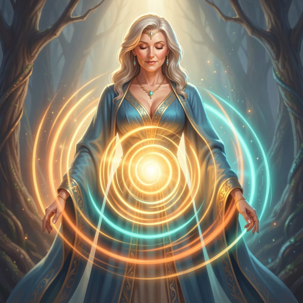 Reife Frau in Licht verbunden mit Körper, Seele und innerer Wahrheit.